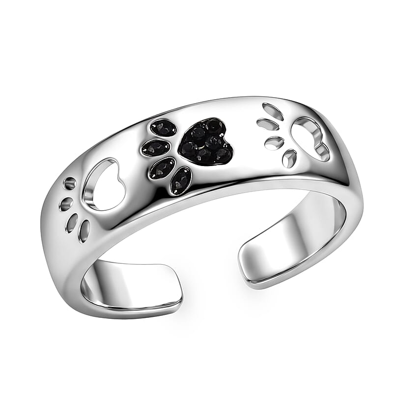 Simulated Black Diamond Paw Print Ring in Silvertone (Size 6-7)