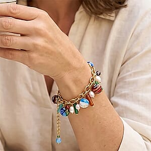 Multi Color Murano Style and Multi Gemstone Bracelet in Stainless Steel (7.5-9.5in)