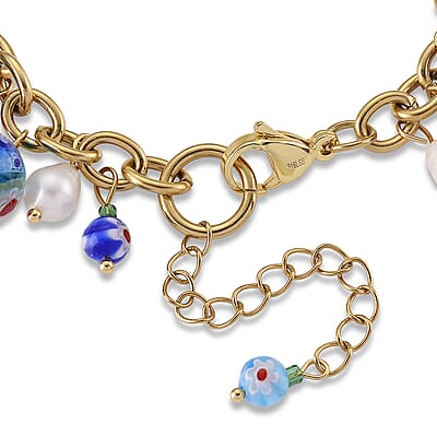Multi Color Murano Style and Multi Gemstone Bracelet in ION Plated YG Stainless Steel (7.5-9.5in)