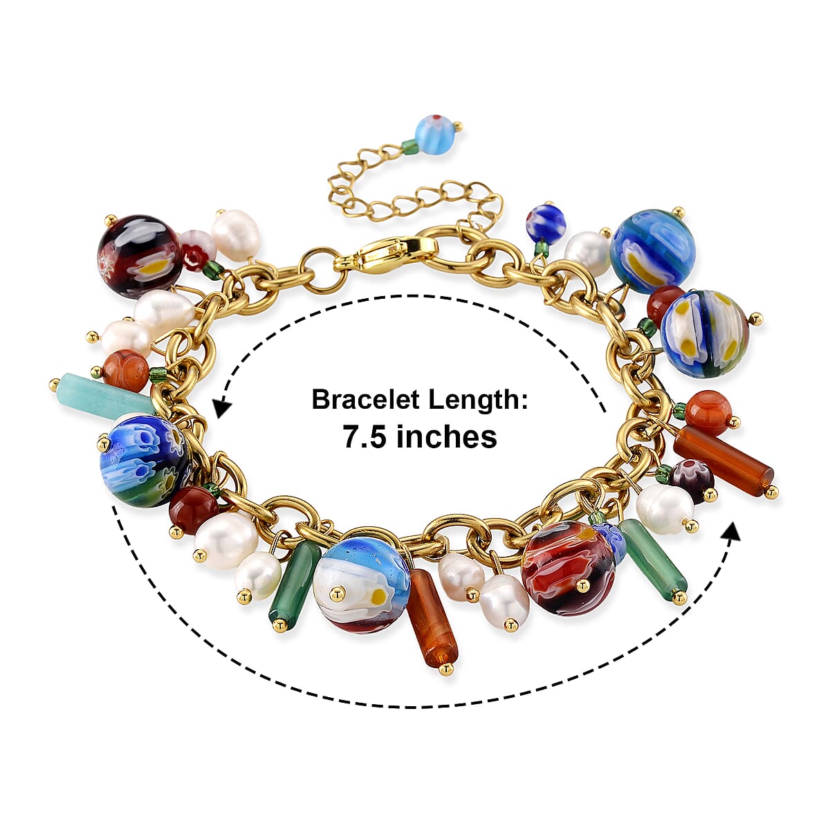 Multi Color Murano Style and Multi Gemstone Bracelet in Stainless Steel (7.5-9.5in) image number 6