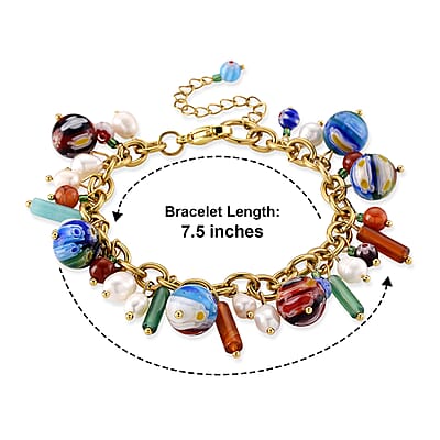 Multi Color Murano Style and Multi Gemstone Bracelet in ION Plated YG Stainless Steel (7.5-9.5in)
