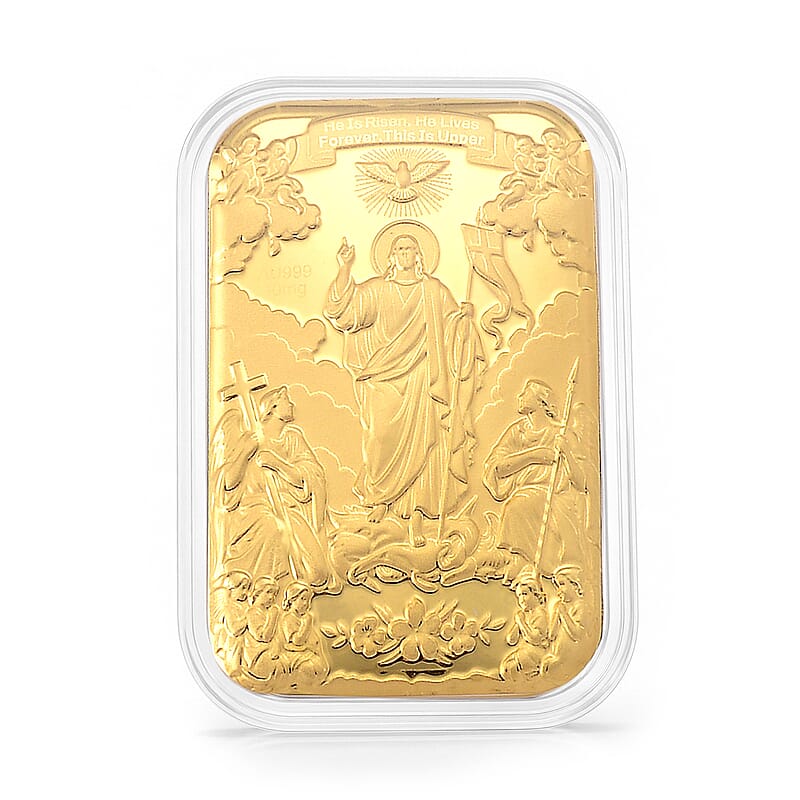 24K Yellow Gold Featuring Christ, Cross and Sacred Scripture Embossed Sheet (31x45.5mm) 10mg