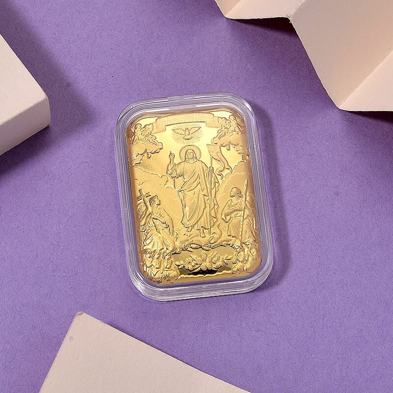 24K Yellow Gold Featuring Christ, Cross and Sacred Scripture Embossed Sheet (31x45.5mm) 10mg
