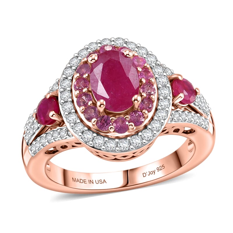 D'Joy Premium Montepuez Ruby and Multi Gemstone 2.40 ctw Flame Royale Ring in 18K Vermeil Rose Gold Over Sterling Silver (Size  6.0)