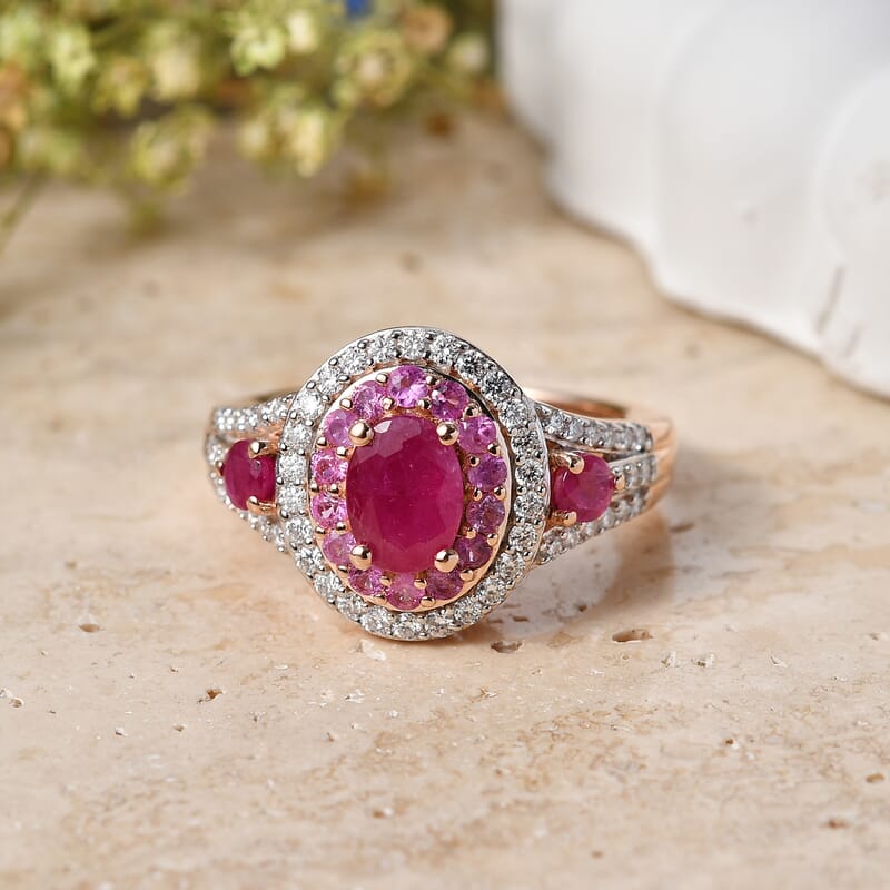 D'Joy Premium Montepuez Ruby and Multi Gemstone 2.40 ctw Flame Royale Ring in 18K Vermeil Rose Gold Over Sterling Silver (Size  6.0)
