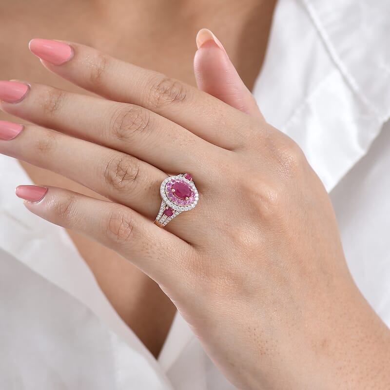 D'Joy Premium Montepuez Ruby and Multi Gemstone 2.40 ctw Flame Royale Ring in 18K Vermeil Rose Gold Over Sterling Silver (Size  6.0)