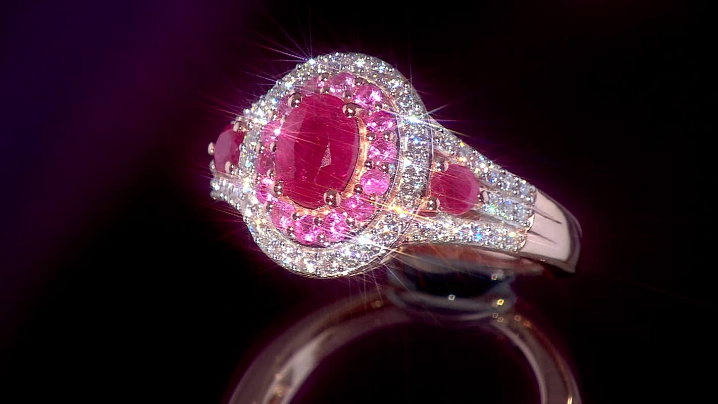 D'Joy Premium Montepuez Ruby, Multi Gemstone Flame Royale Ring in 18K Vermeil RG Over Sterling Silver (Size 10.0) 2.40 ctw