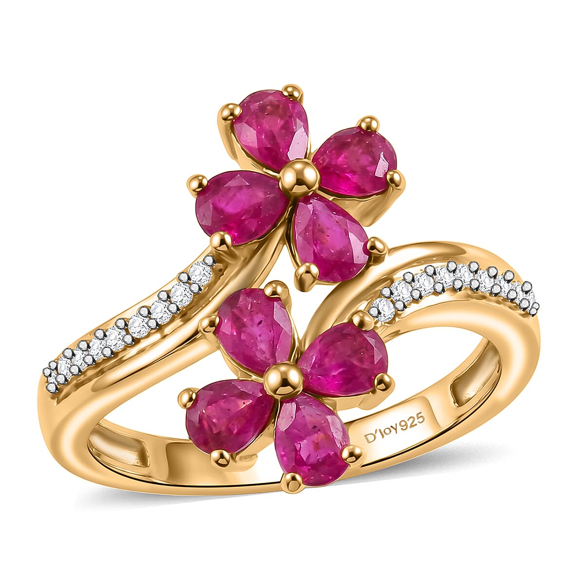 D'Joy Premium Montepuez Ruby and Moissanite 1.70 ctw Floral Flame Ring in 18K Vermeil Yellow Gold Over Sterling Silver (Size  7.0)