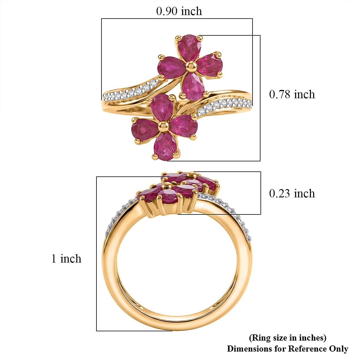 D'Joy Premium Montepuez Ruby and Moissanite 1.70 ctw Floral Flame Ring in 18K Vermeil Yellow Gold Over Sterling Silver (Size  7.0)