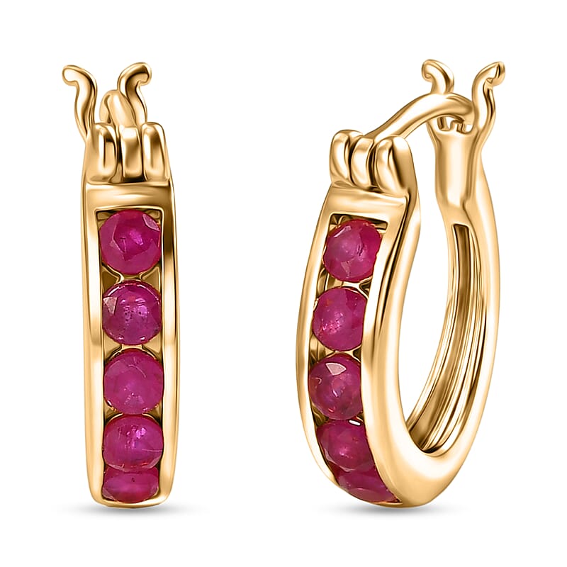 D'Joy Premium Montepuez Ruby 1.00 ctw Classic Hoop Earrings in 18K Vermeil Yellow Gold Over Sterling Silver