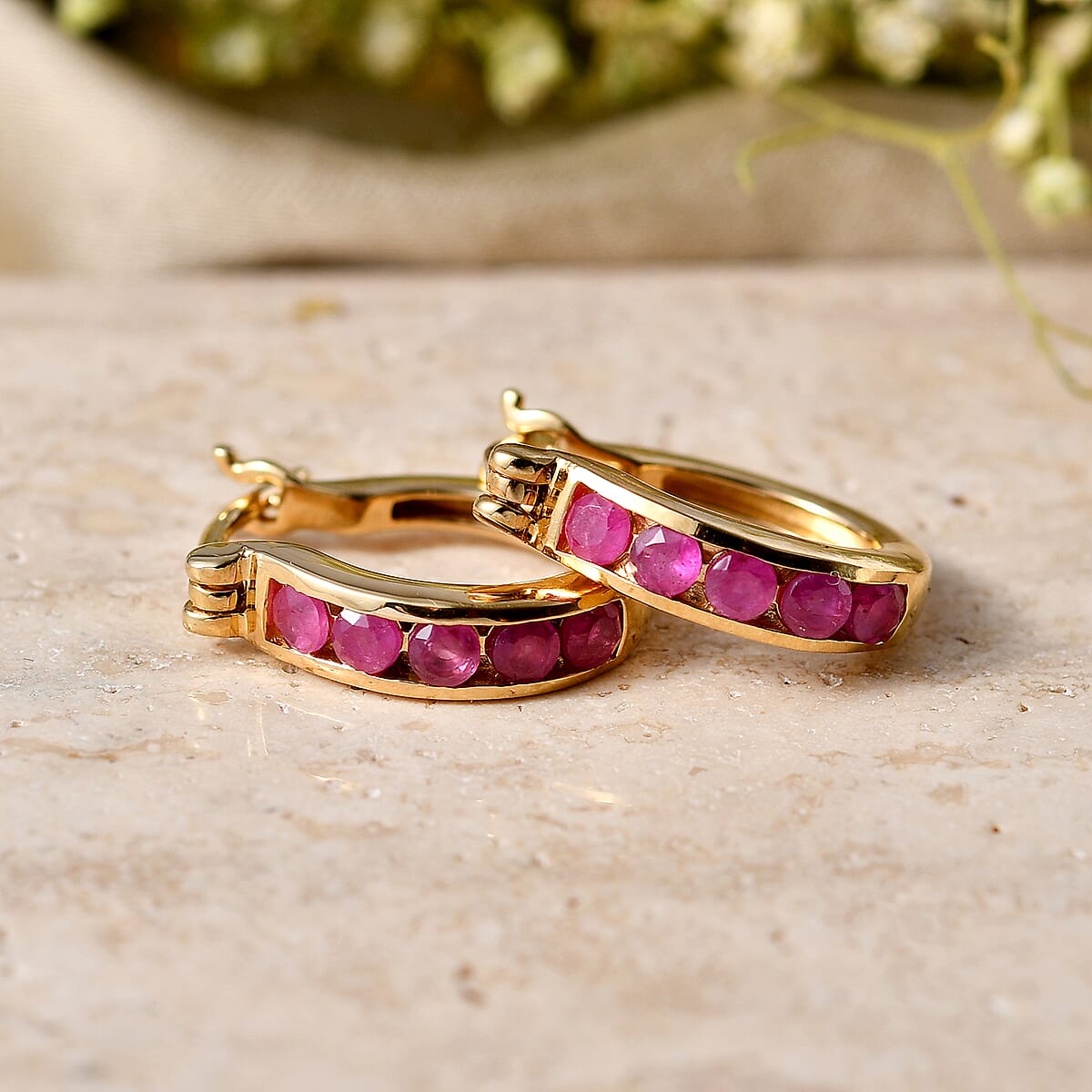 D'Joy Premium Montepuez Ruby 1.00 ctw Classic Hoop Earrings in 18K Vermeil Yellow Gold Over Sterling Silver image number 1