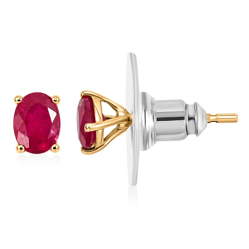 D'Joy Premium Montepuez Ruby 0.90 ctw Solitaire Stud Earrings in 18K Vermeil Yellow Gold Over Sterling Silver