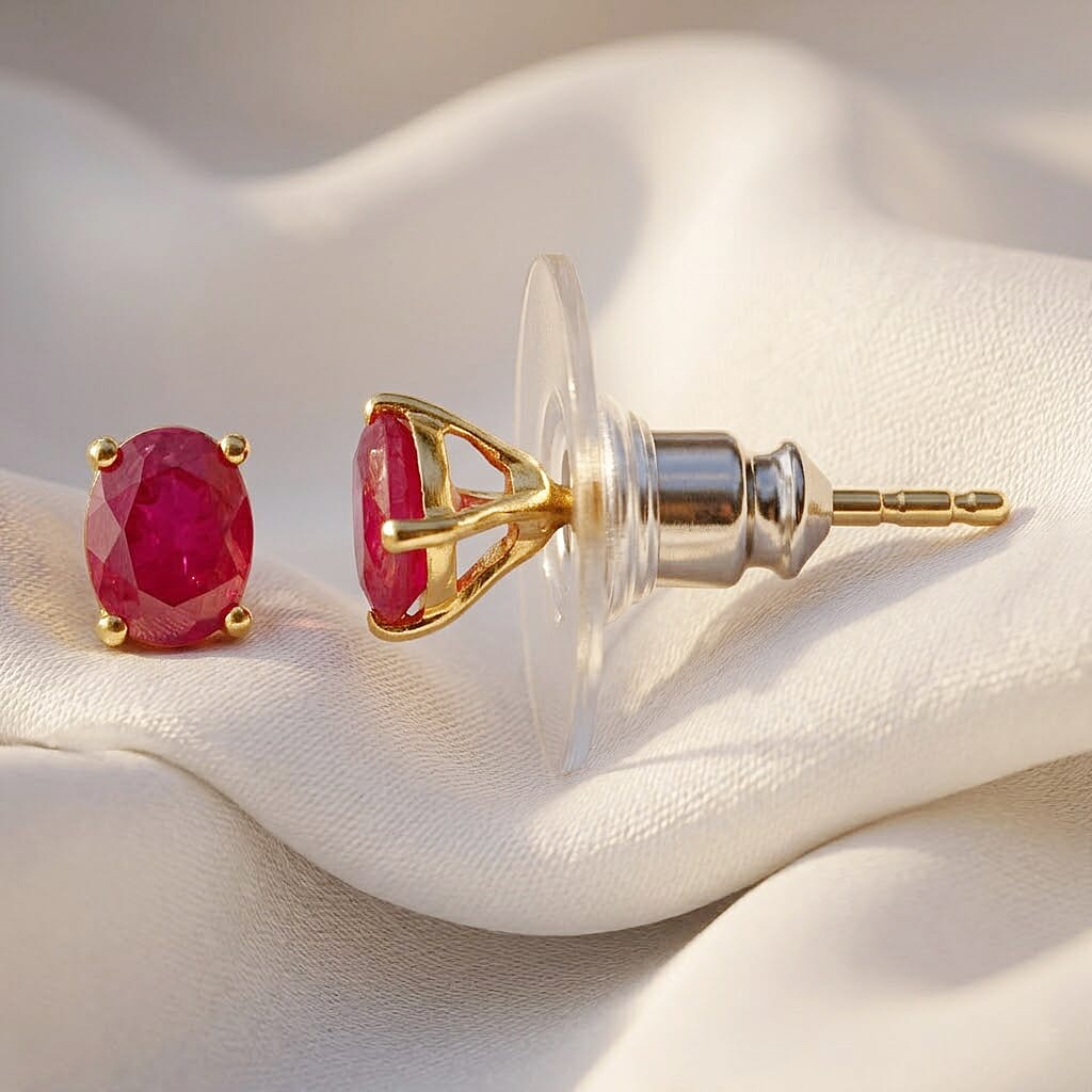 D'Joy Premium Montepuez Ruby 0.90 ctw Solitaire Stud Earrings in 18K Vermeil Yellow Gold Over Sterling Silver
