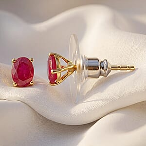 D'Joy Premium Montepuez Ruby 0.90 ctw Solitaire Stud Earrings in 18K Vermeil Yellow Gold Over Sterling Silver