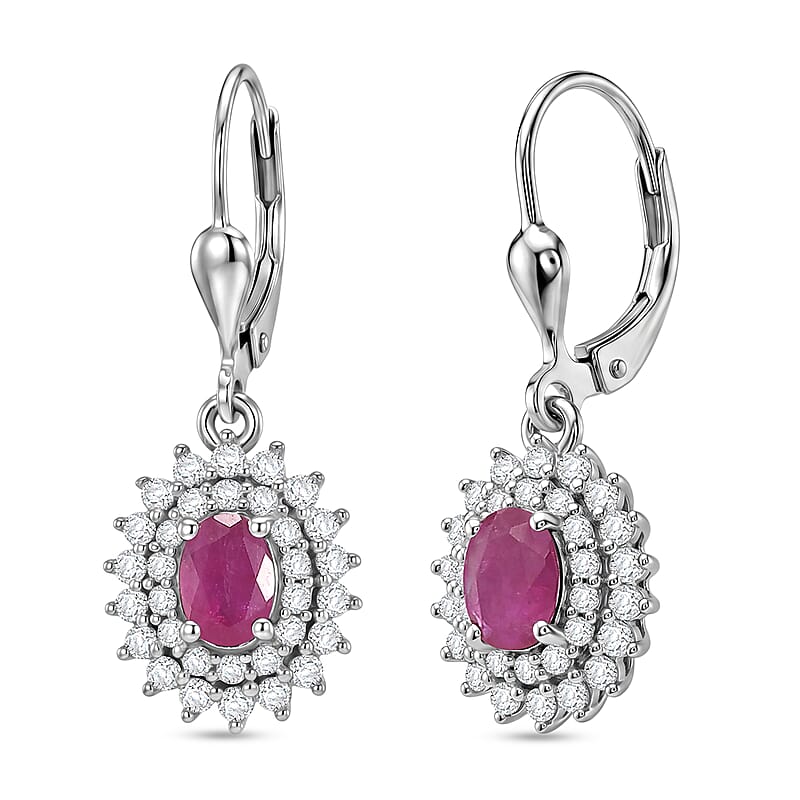 D'Joy Premium Montepuez Ruby and White Zircon 2.50 ctw Sunburst Sparkle Earrings in Rhodium Over Sterling Silver