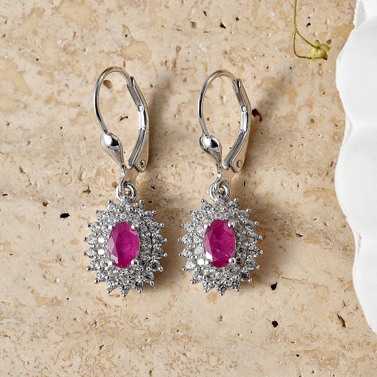 D'Joy Premium Montepuez Ruby and White Zircon 2.50 ctw Sunburst Sparkle Earrings in Rhodium Over Sterling Silver image number 1