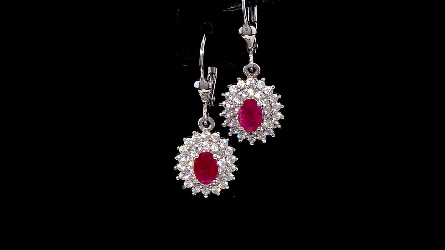 D'Joy Premium Montepuez Ruby and White Zircon 2.50 ctw Sunburst Sparkle Earrings in Rhodium Over Sterling Silver