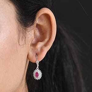 D'Joy Premium Montepuez Ruby and White Zircon 2.50 ctw Sunburst Sparkle Earrings in Rhodium Over Sterling Silver