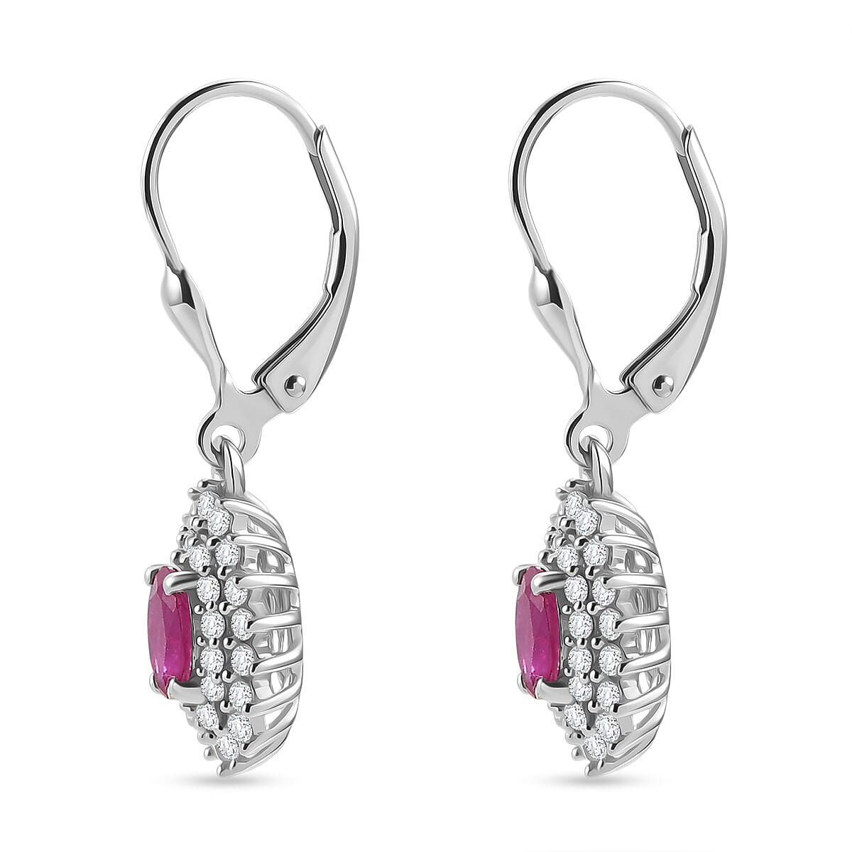 D'Joy Premium Montepuez Ruby and White Zircon 2.50 ctw Sunburst Sparkle Earrings in Rhodium Over Sterling Silver