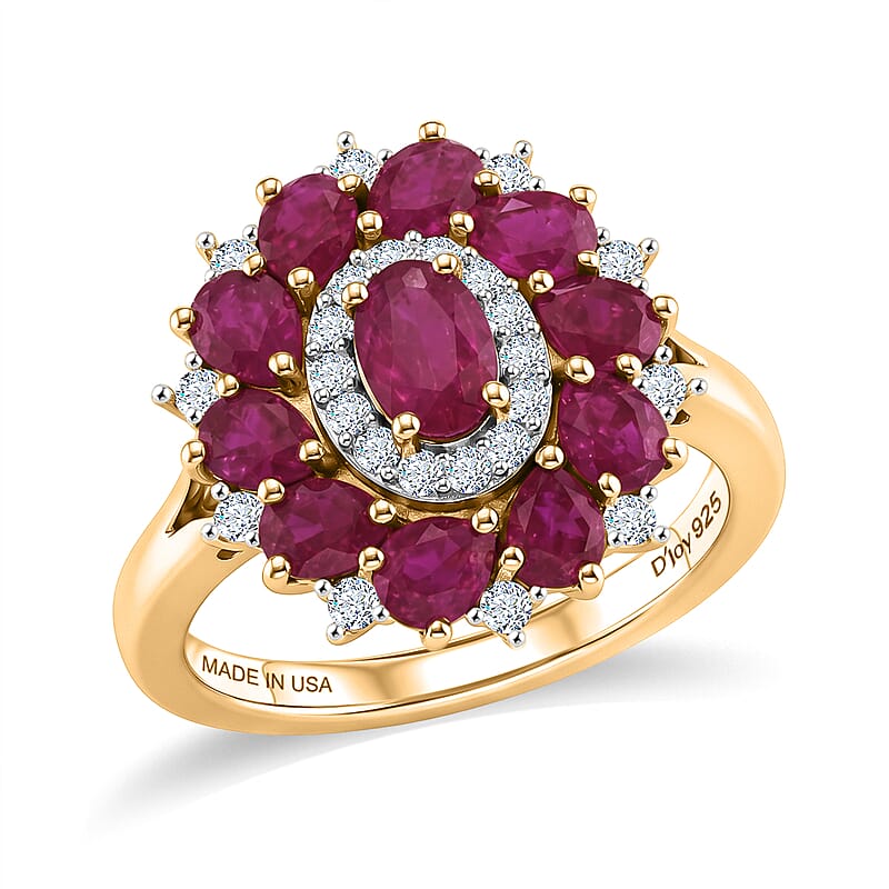 D'Joy Premium Montepuez Ruby and Moissanite 2.90 ctw Scarlet Bloom Ring in 18K Vermeil Yellow Gold Over Sterling Silver (Size  6.0)