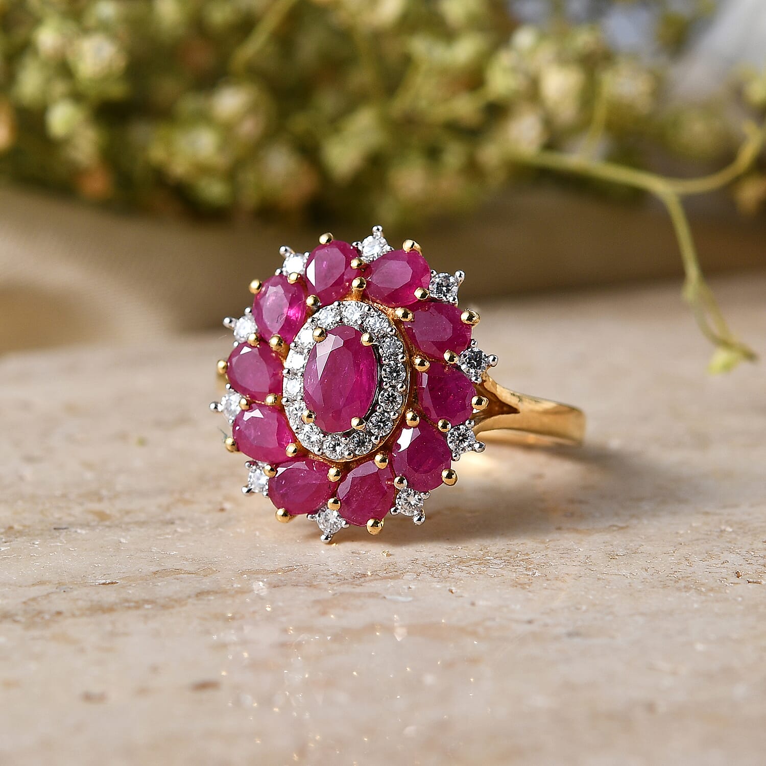 D'Joy Premium Montepuez Ruby and Moissanite 2.90 ctw Scarlet Bloom Ring in 18K Vermeil Yellow Gold Over Sterling Silver (Size  6.0)