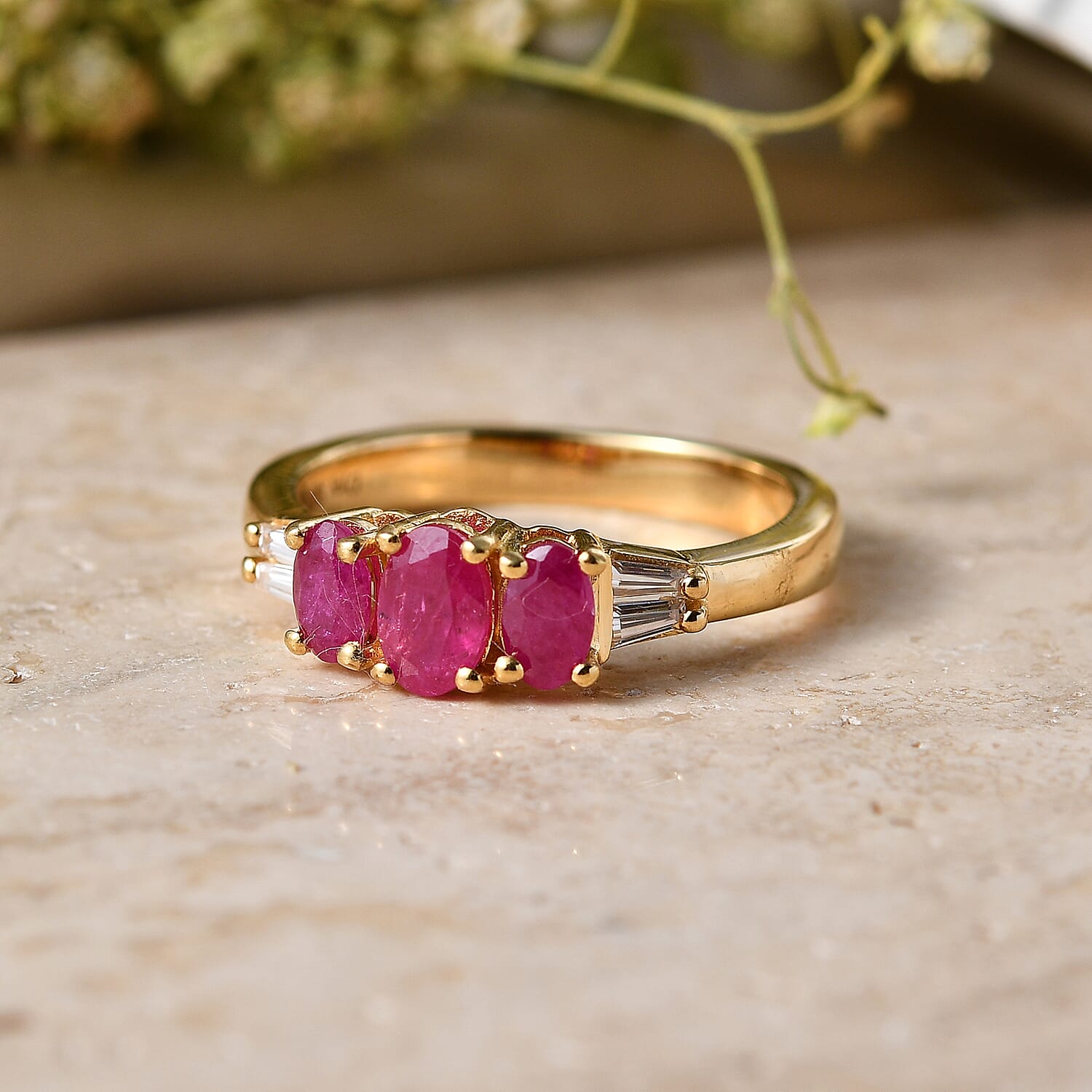 D'Joy Premium Montepuez Ruby and Moissanite 1.30 ctw Scarlet Three Stone Ring in 18K Vermeil Yellow Gold Over Sterling Silver (Size  6.0)