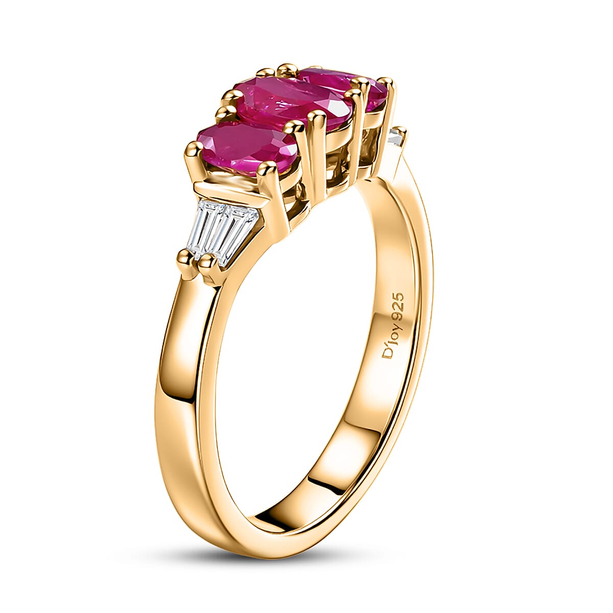 D'Joy Premium Montepuez Ruby and Moissanite 1.30 ctw Scarlet Three Stone Ring in 18K Vermeil Yellow Gold Over Sterling Silver (Size  6.0)