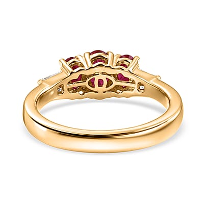 D'Joy Premium Montepuez Ruby and Moissanite 1.30 ctw Scarlet Three Stone Ring in 18K Vermeil Yellow Gold Over Sterling Silver (Size  6.0)