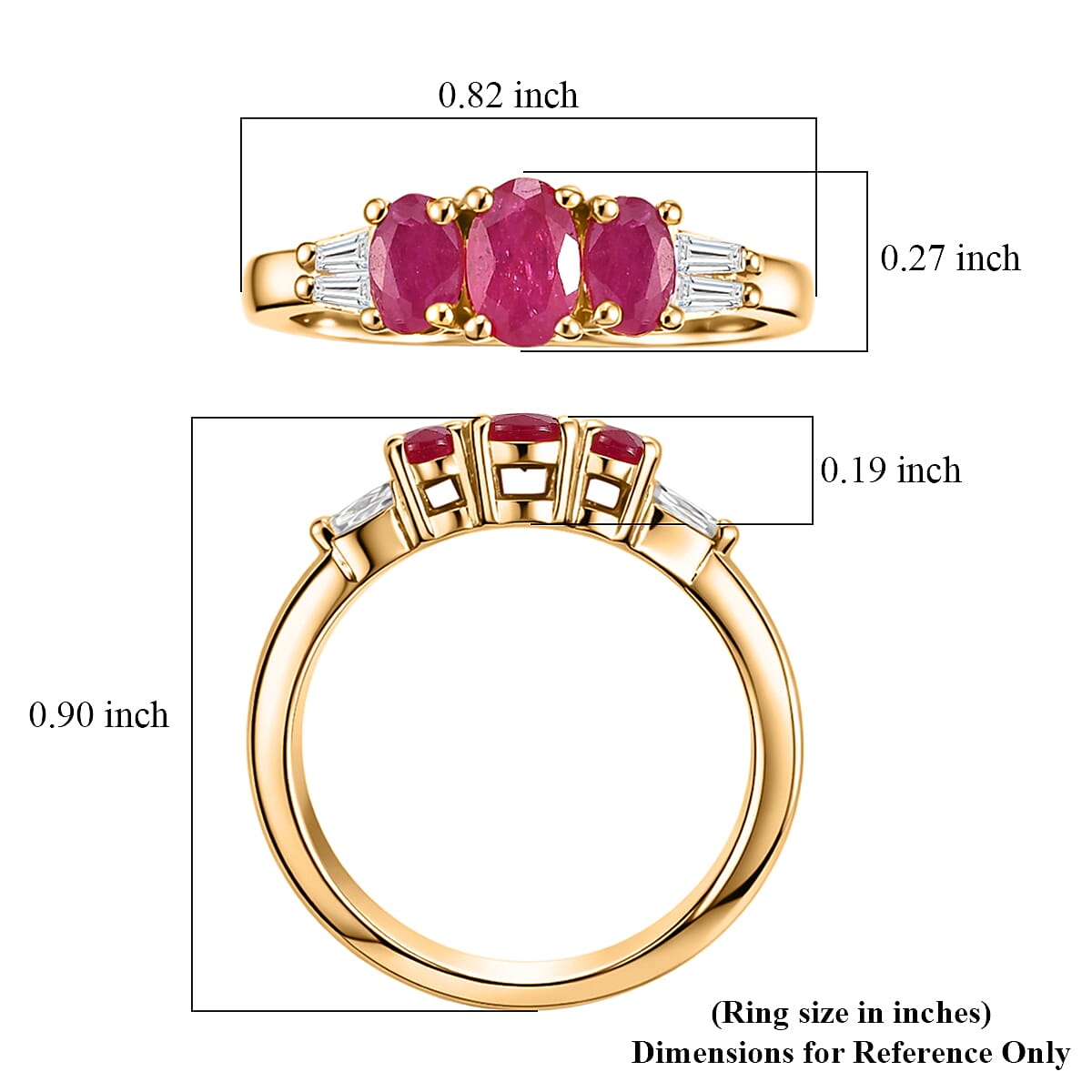 D'Joy Premium Montepuez Ruby and Moissanite 1.30 ctw Scarlet Three Stone Ring in 18K Vermeil Yellow Gold Over Sterling Silver (Size  6.0)