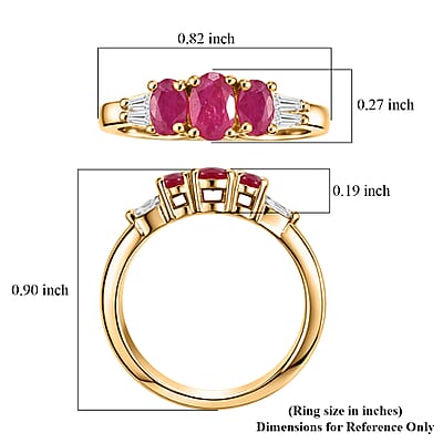 D'Joy Premium Montepuez Ruby and Moissanite 1.30 ctw Scarlet Three Stone Ring in 18K Vermeil Yellow Gold Over Sterling Silver (Size  6.0)