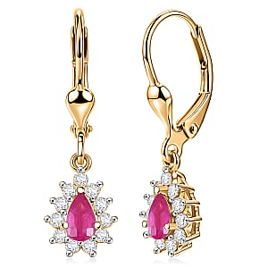 D'Joy Premium Montepuez Ruby and White Zircon 1.00 ctw Sunburst Sparkle Earrings in 18K Vermeil Yellow Gold Over Sterling Silver