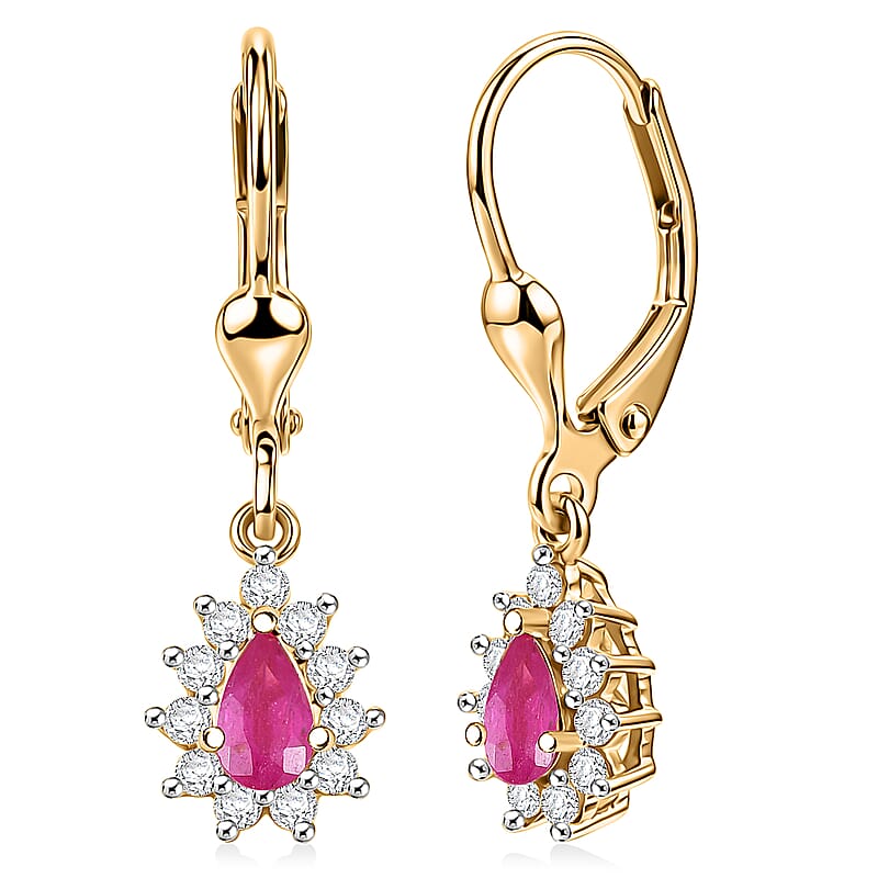 D'Joy Premium Montepuez Ruby and White Zircon 1.00 ctw Sunburst Sparkle Earrings in 18K Vermeil Yellow Gold Over Sterling Silver