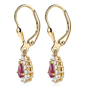 D'Joy Premium Montepuez Ruby and White Zircon 1.00 ctw Sunburst Sparkle Earrings in 18K Vermeil Yellow Gold Over Sterling Silver