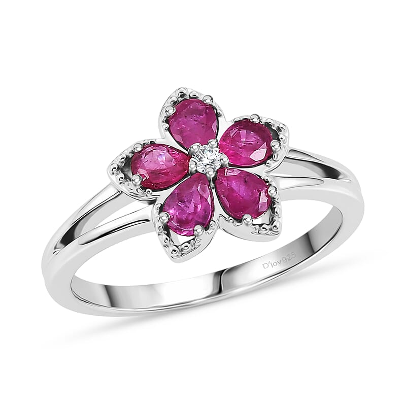 D'Joy Premium Montepuez Ruby and Moissanite 1.00 ctw Flame Petal Ring in Rhodium Over Sterling Silver (Size  5.0)