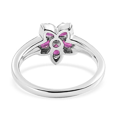 D'Joy Premium Montepuez Ruby and Moissanite 1.00 ctw Flame Petal Ring in Rhodium Over Sterling Silver (Size  5.0)