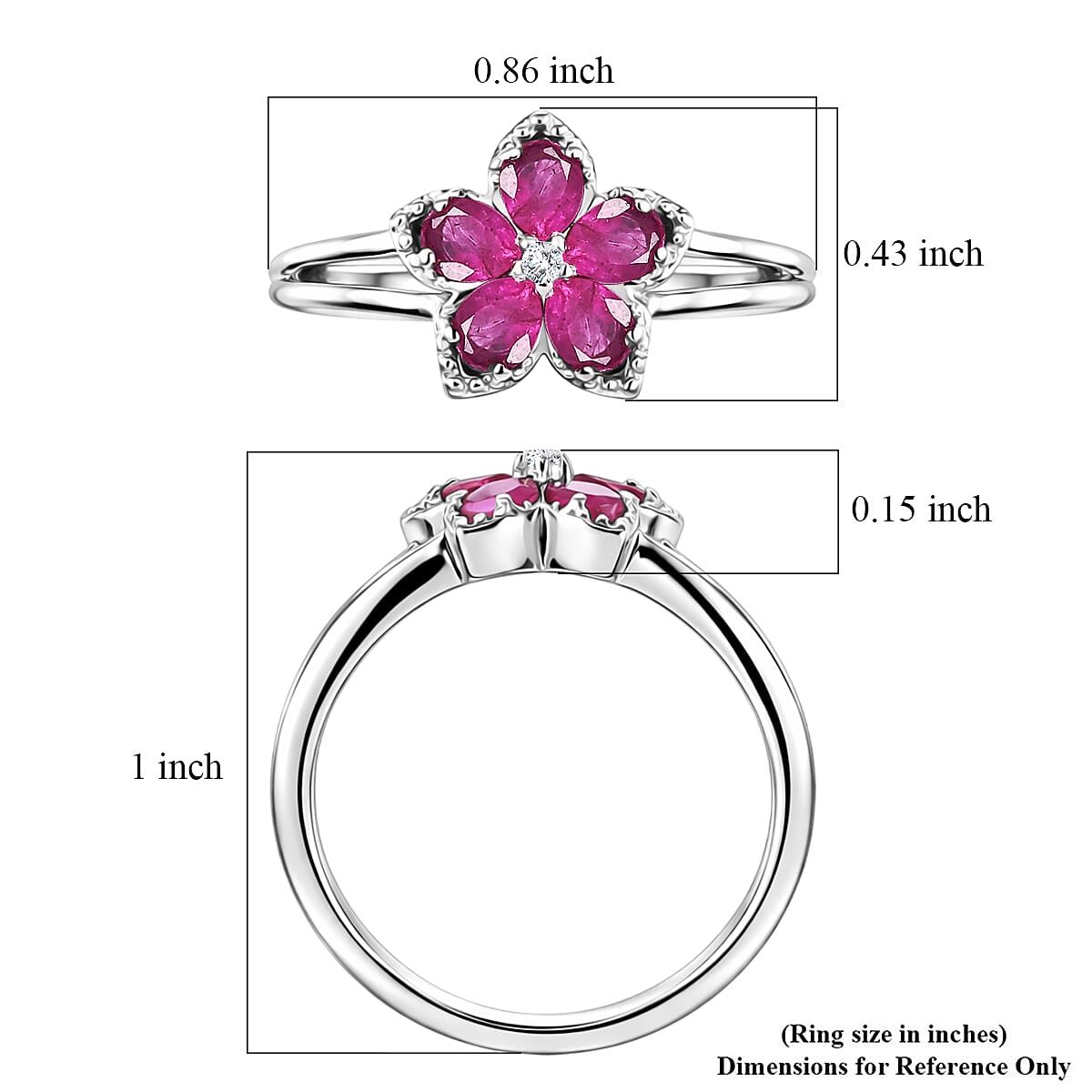 D'Joy Premium Montepuez Ruby and Moissanite 1.00 ctw Flame Petal Ring in Rhodium Over Sterling Silver (Size  5.0)