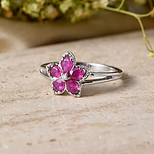 D'Joy Premium Montepuez Ruby and Moissanite 1.00 ctw Flame Petal Ring in Rhodium Over Sterling Silver (Size  8.0)