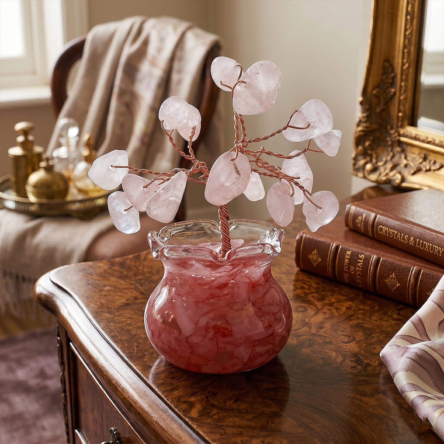 Rose Gold Galilea Rose Quartz Gemstone Tree 70.00 ctw