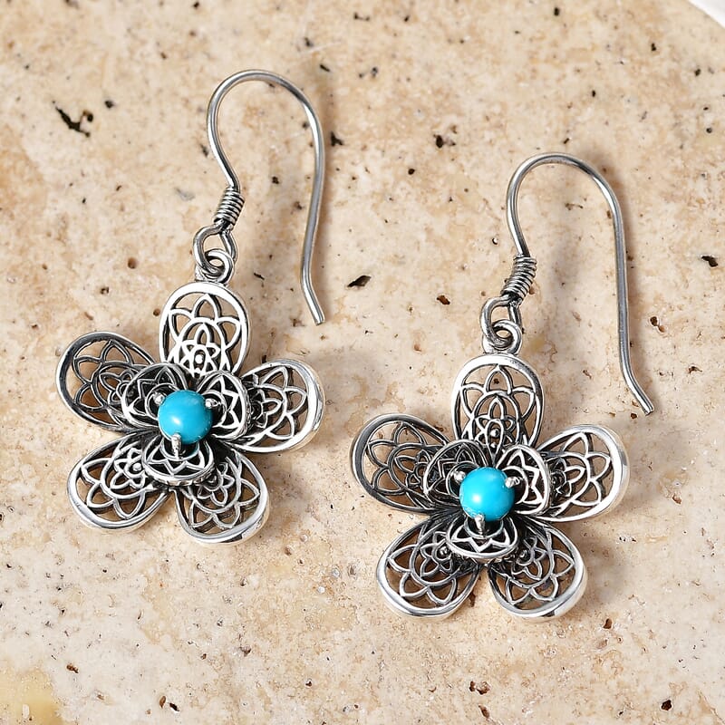 D'Joy Passport to Turkey Artisan Crafted Premium Lagoon Turquoise 0.70 ctw Floral Earrings in Sterling Silver