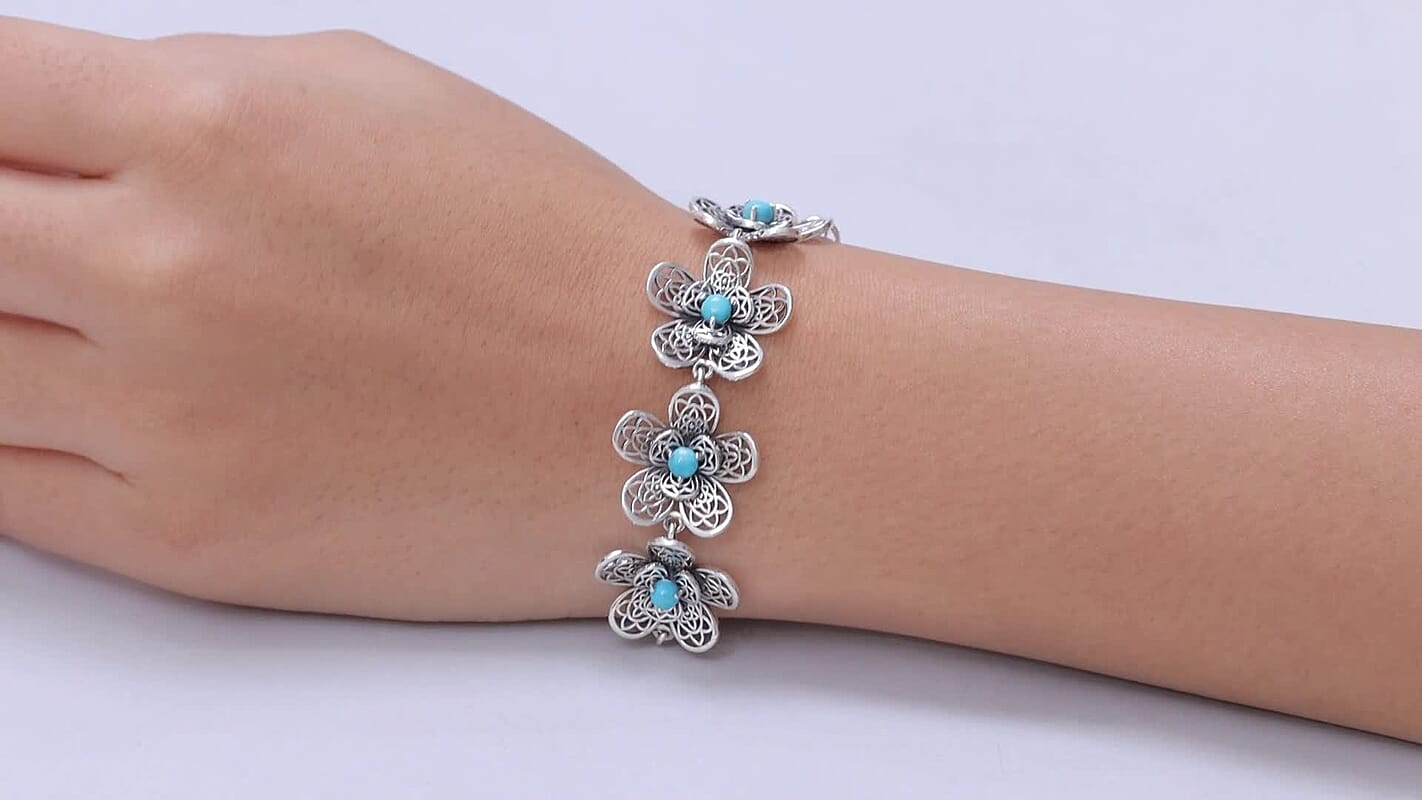 D'Joy Passport to Turkey Artisan Crafted Premium Lagoon Turquoise Bracelet in Sterling Silver (7.25-8.0In) 1.75 ctw