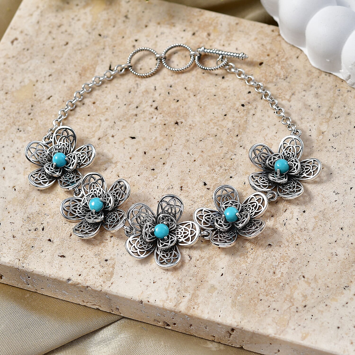 D'Joy Passport to Turkey Artisan Crafted Premium Lagoon Turquoise 1.35 ctw Bracelet in Sterling Silver (7.25-8.0In)