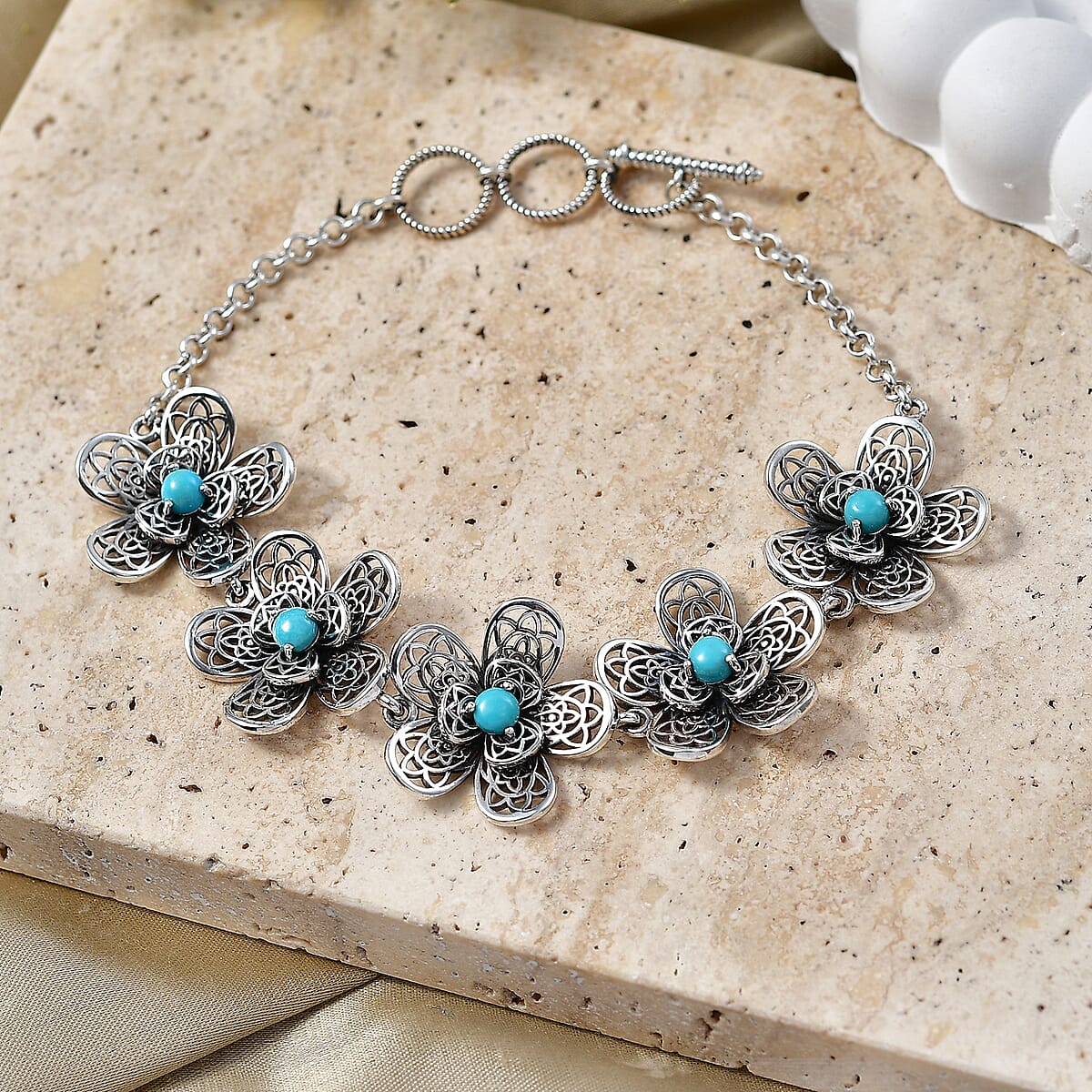 D'Joy Passport to Turkey Artisan Crafted Premium Lagoon Turquoise 1.35 ctw Bracelet in Sterling Silver (7.25-8.0In) image number 1