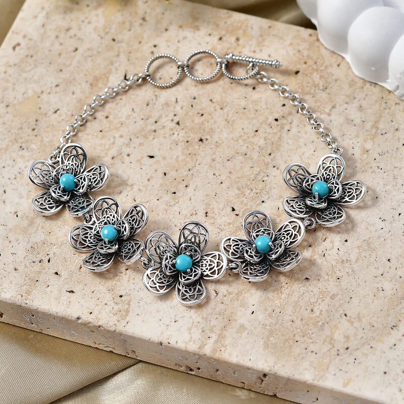 D'Joy Passport to Turkey Artisan Crafted Premium Lagoon Turquoise 1.35 ctw Bracelet in Sterling Silver (7.25-8.0In)