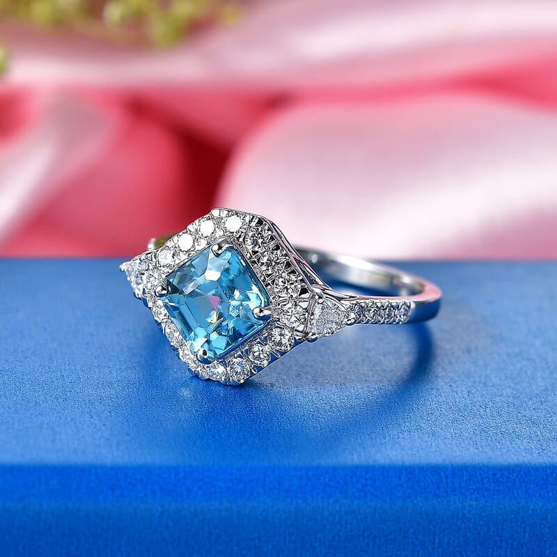 Certified & Appraised AAA Cambodian Blue Zircon and Luxuriant Lab Grown Diamond G-H SI 3.63 ctw Ring in 10K White Gold (Size 10.0)
