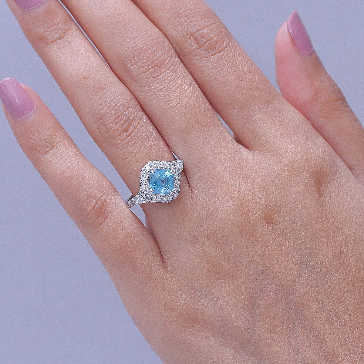 10K White Gold AAA Cambodian Blue Zircon, Luxuriant Lab Grown Diamond (G-H, SI) (0.81 cts) Ring (Size 10.0) 3.63 ctw image number 2