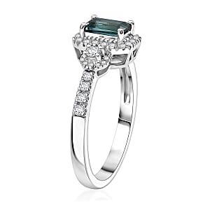 D'Joy AAA Monte Belo Indicolite and Moissanite 1.00 ctw Royal Ocean Halo Ring in Rhodium Over Sterling Silver (Size 10.0)