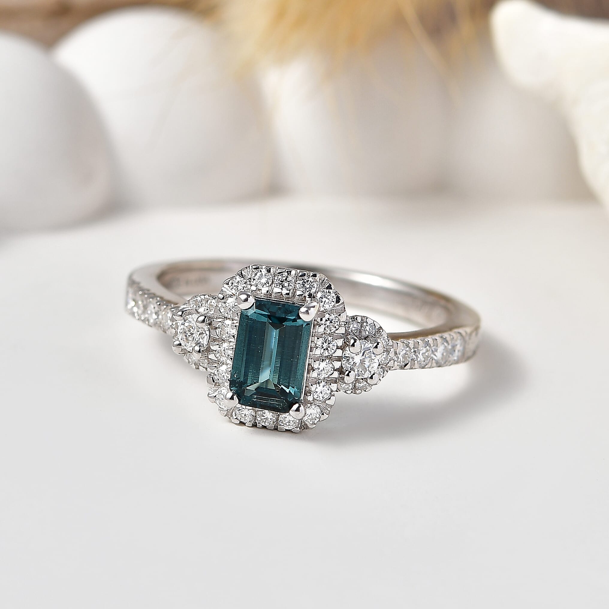 D'Joy AAA Monte Belo Indicolite, Moissanite Royal Ocean Halo Ring in Rhodium Over Sterling Silver (Size 10.0) 1.00 ctw