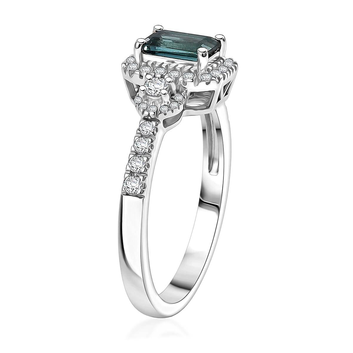 D'Joy AAA Monte Belo Indicolite and Moissanite 1.00 ctw Royal Ocean Halo Ring in Rhodium Over Sterling Silver (Size 7.0)