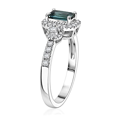 D'Joy AAA Monte Belo Indicolite and Moissanite 1.00 ctw Royal Ocean Halo Ring in Rhodium Over Sterling Silver (Size 7.0)