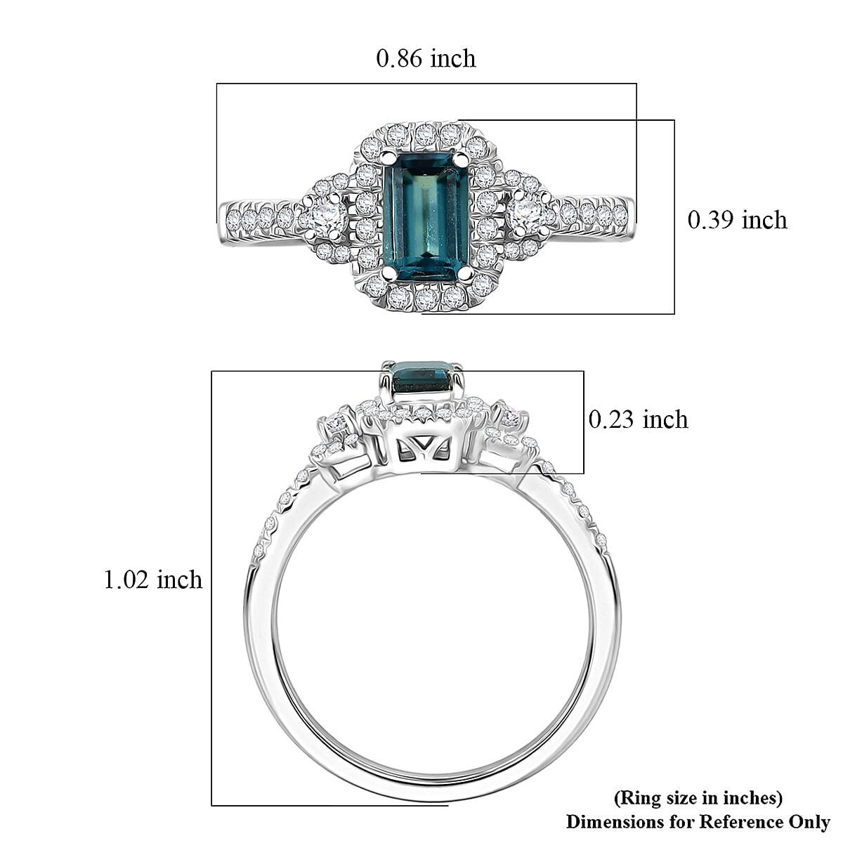 D'Joy AAA Monte Belo Indicolite and Moissanite 1.00 ctw Royal Ocean Halo Ring in Rhodium Over Sterling Silver (Size 7.0)
